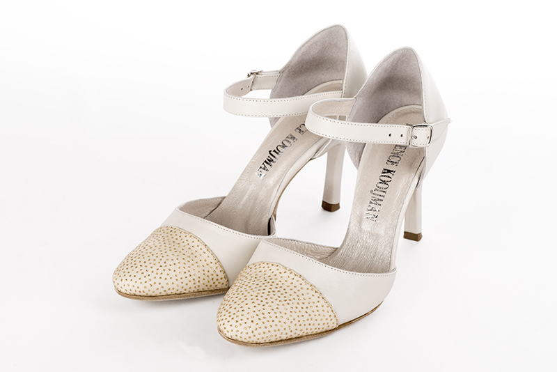 Gold and off white women's open side shoes, with an instep strap. Round toe. Very high slim heel. Front view - Florence KOOIJMAN